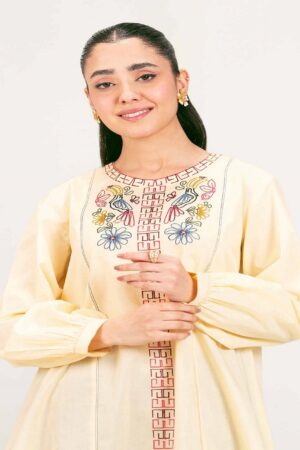 Nishat Embroidered Cream Kurti Style T-Shirt – Elegant Floral Design (XS)