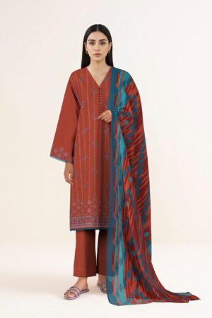 Sapphire Rust Red Embroidered 3-Piece Cotton Suit with Printed Dupatta