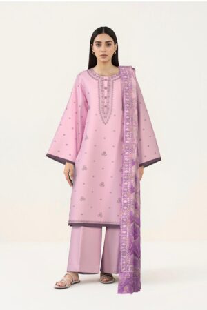 Sapphire Blush Pink Embroidered 3-Piece Cotton Suit with Printed Dupatta