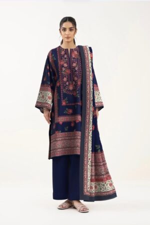 Navy Blue Floral Printed Lawn Suit with Dupatta (3-Piece Set)