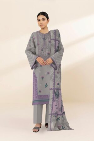 Elegant Grey Floral Printed 3-Piece Unstitched Suit with Dupatta