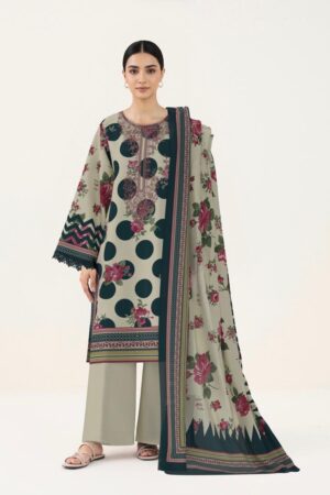 Chic Olive Green Polka Dot & Floral Printed 3-Piece Unstitched Suit