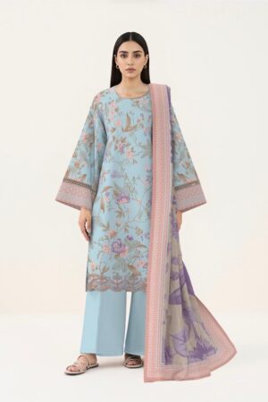 Elegant Sky Blue Floral Printed 3-Piece Unstitched Suit with Dupatta