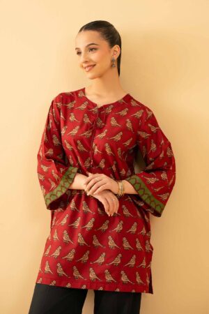 Nishat Printed Red Kurti Style T-Shirt – Elegant Bird Motif (M/L)