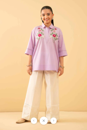 Nishat Original Lilac Embroidered Kurti – Floral Motif Collar Design (Medium)