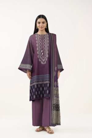 Sapphire Unstitched Plum Cotton Suit with Embroidered Neckline