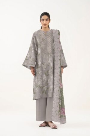 Sapphire Unstitched 3-Piece Floral Printed Lawn Suit – Elegant Grey & Olive