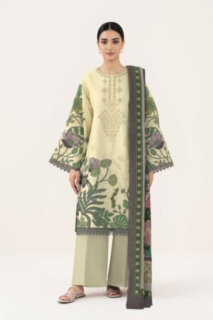 Sapphire Unstitched 3-Piece Floral Printed Lawn Suit – Pastel Yellow & Olive Green