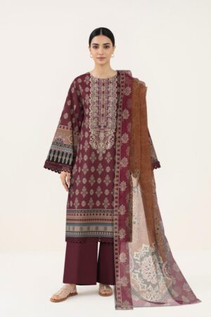 Sapphire Unstitched Maroon Printed Suit with Embroidered Neckline
