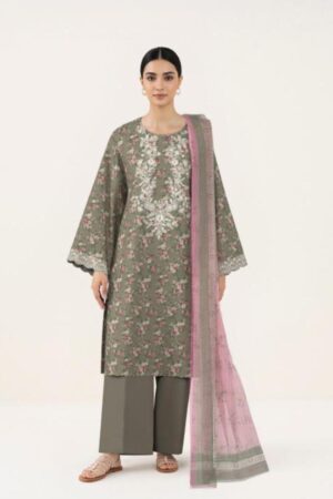 Sapphire Unstitched Olive Green Floral Suit with Embroidered Neckline