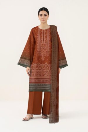Sapphire Unstitched Rust Printed Suit with Embroidered Neckline