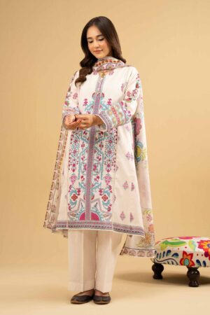 Nishat Linen Original Cream White Floral Printed 3-Piece Stitched Suit