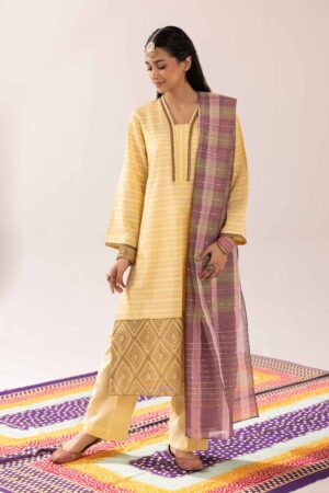 Nishat Linen Pastel Yellow Geometric Print 3-Piece Stitched Suit