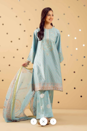 Nishat Linen Sky Blue Printed 3-Piece Stitched Suit with Wide-Leg Trousers