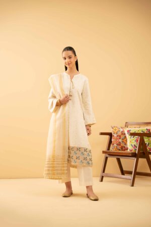Nishat Linen Original Off-White Embroidered 3-Piece Stitched Suit with Tassel Detail