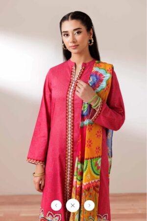 Nishat Linen Vibrant Pink Embroidered 3-Piece Stitched Suit with Multi-Color Dupatta